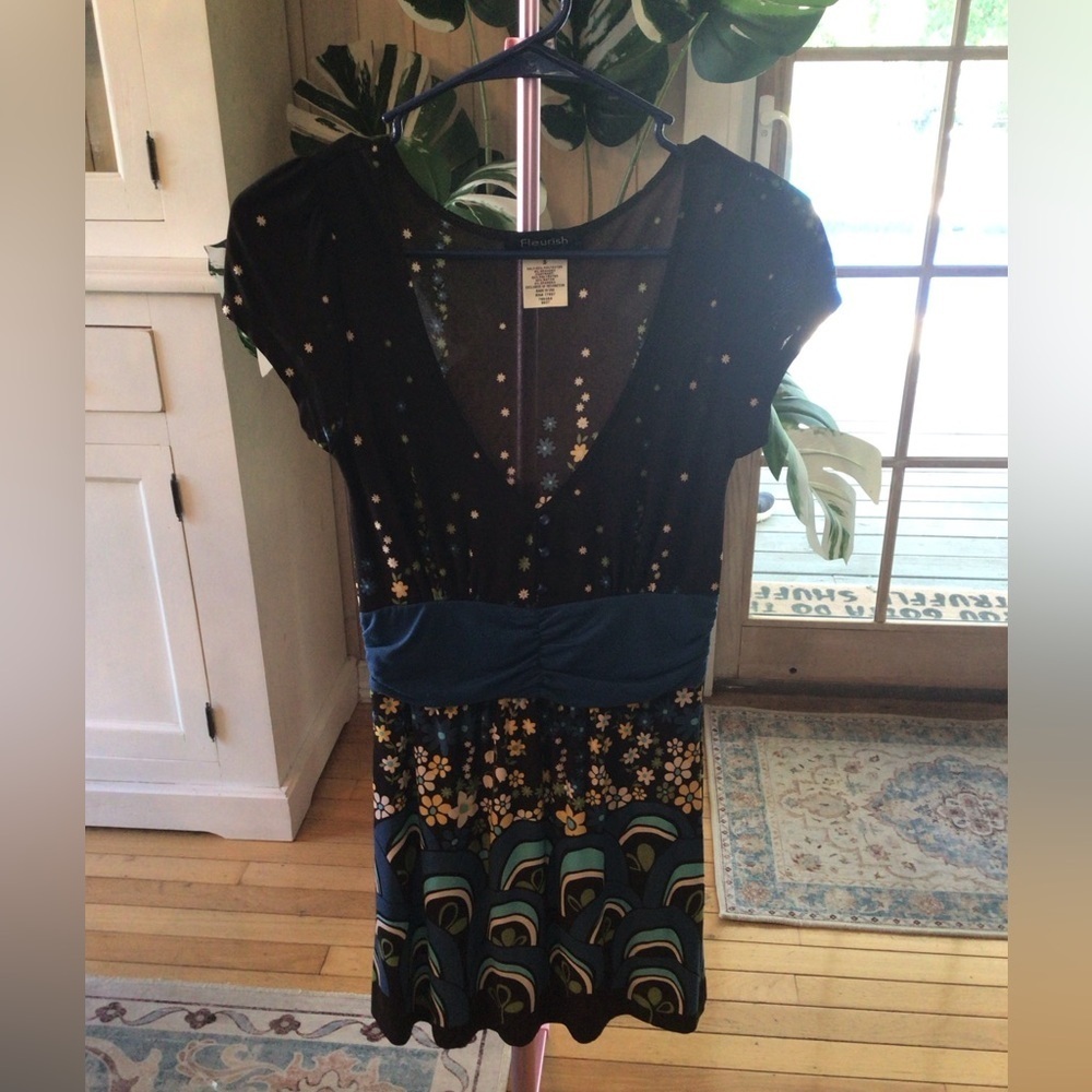 EUC Vintage Y2K Fleurish Black and Blue Floral Mini Dress #0129